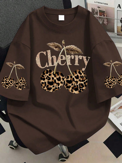 Plus Size Women's Summer T-Shirt, Leopard Print Cherry Pattern, Casual Short Sleeve. Suitable For New Year, Holidays, Daily Wear, Outings, Parties, Graduation, Summer Vacation, Beach, Resort, Spring