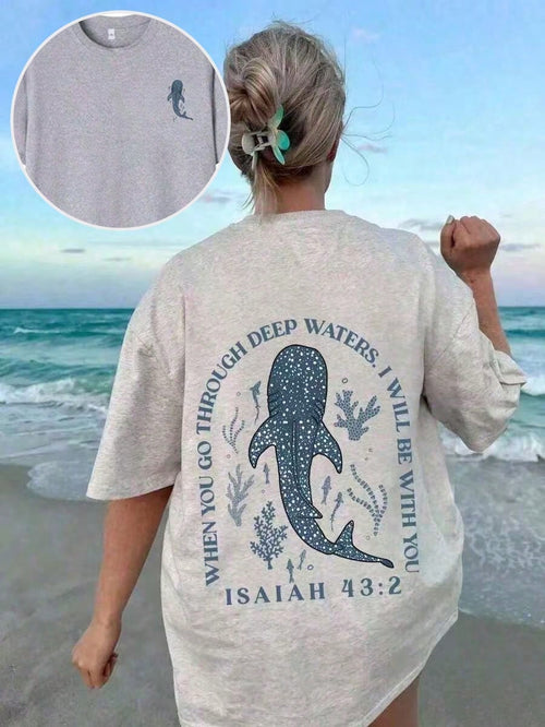 Plus-Size Women's T-Shirt- Stylish Summer Crew Neck Short Sleeve, Printed With Ocean Life: Whale Shark, Coral, And Seaweed Patterns