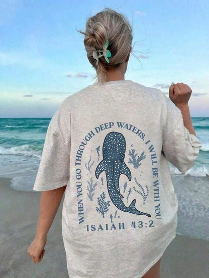 Plus-Size Women's T-Shirt- Stylish Summer Crew Neck Short Sleeve, Printed With Ocean Life: Whale Shark, Coral, And Seaweed Patterns