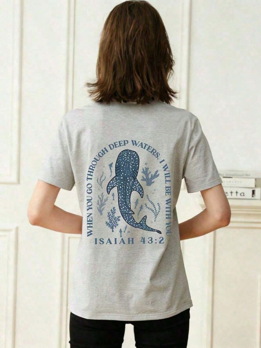 Plus-Size Women's T-Shirt- Stylish Summer Crew Neck Short Sleeve, Printed With Ocean Life: Whale Shark, Coral, And Seaweed Patterns