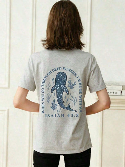 Plus-Size Women's T-Shirt- Stylish Summer Crew Neck Short Sleeve, Printed With Ocean Life: Whale Shark, Coral, And Seaweed Patterns