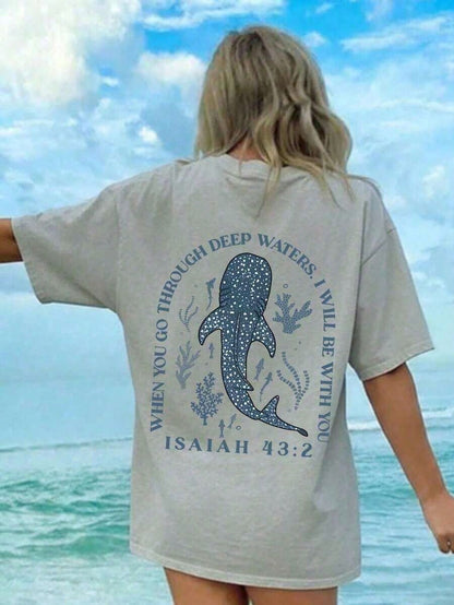 Plus-Size Women's T-Shirt- Stylish Summer Crew Neck Short Sleeve, Printed With Ocean Life: Whale Shark, Coral, And Seaweed Patterns