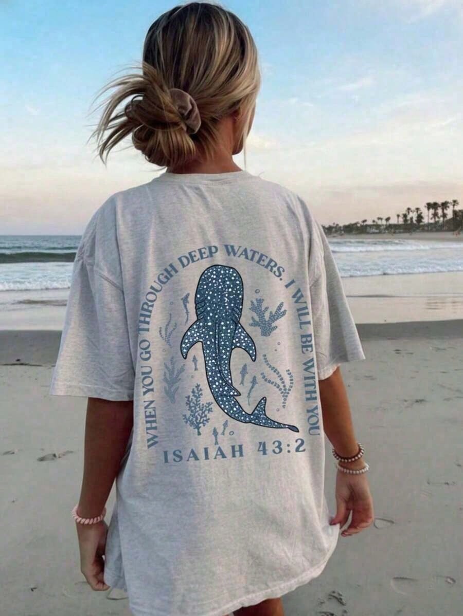 Plus-Size Women's T-Shirt- Stylish Summer Crew Neck Short Sleeve, Printed With Ocean Life: Whale Shark, Coral, And Seaweed Patterns