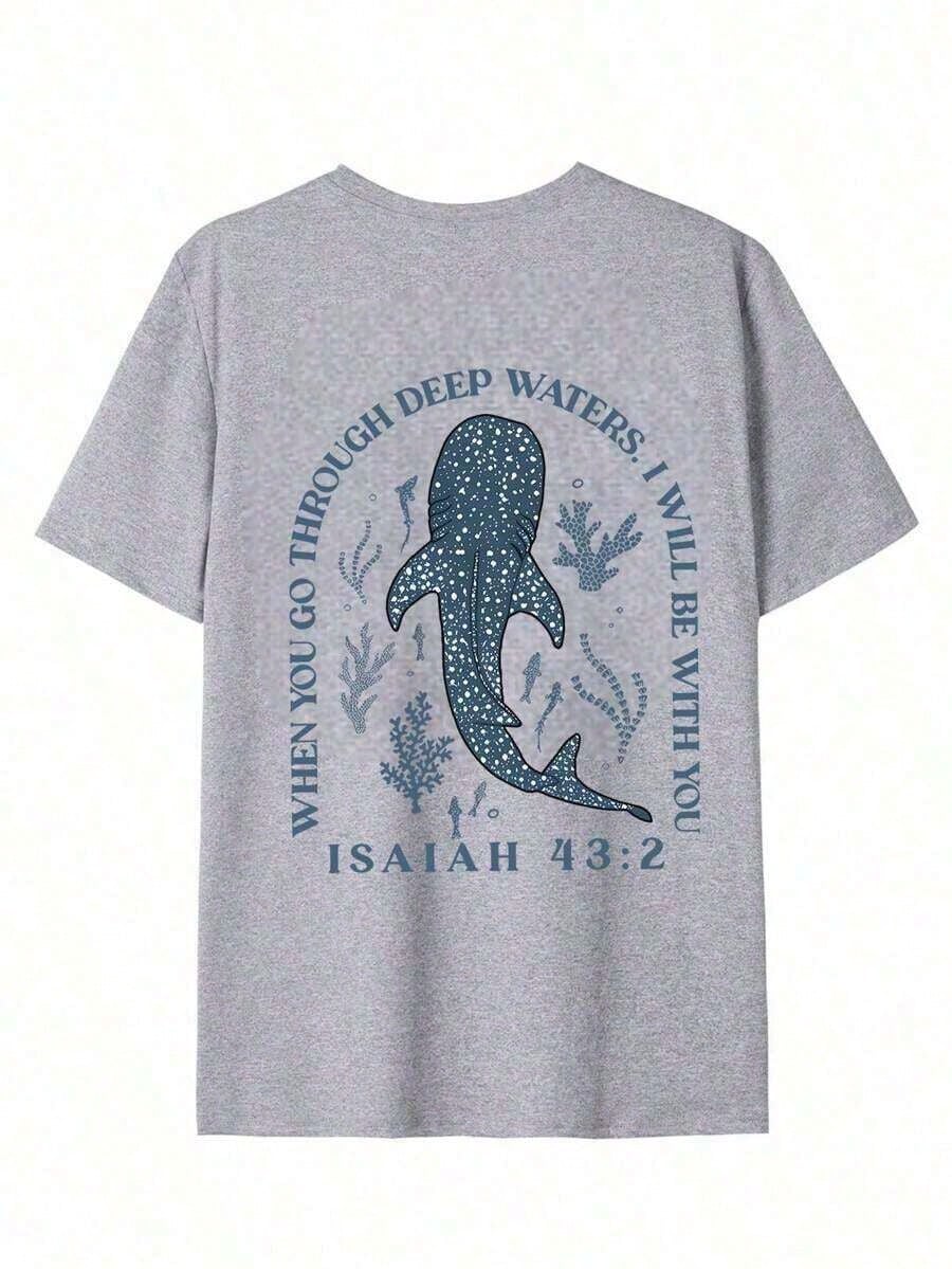 Plus-Size Women's T-Shirt- Stylish Summer Crew Neck Short Sleeve, Printed With Ocean Life: Whale Shark, Coral, And Seaweed Patterns