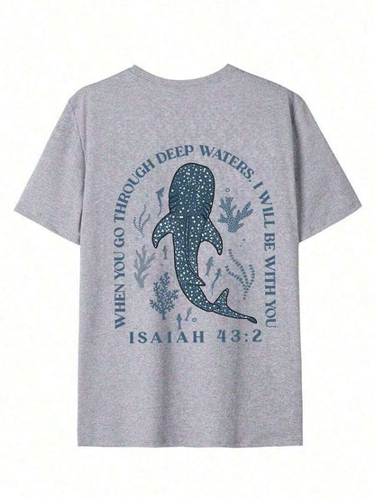 Plus-Size Women's T-Shirt- Stylish Summer Crew Neck Short Sleeve, Printed With Ocean Life: Whale Shark, Coral, And Seaweed Patterns