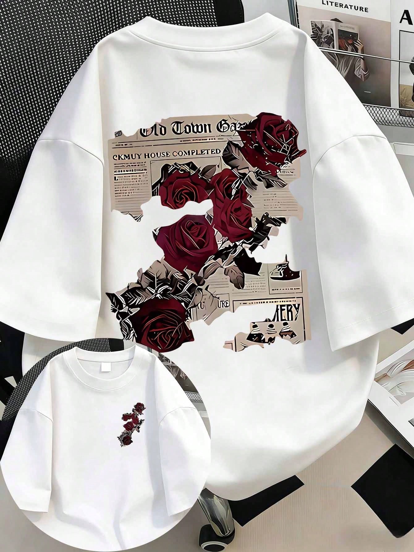 Plus Size Women's Vintage Rose & Newspaper Cartoon Letter Print Street Style T-Shirt, Korean Retro Y2K Casual Punk Black Crew Neck