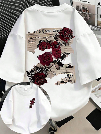 Plus Size Women's Vintage Rose & Newspaper Cartoon Letter Print Street Style T-Shirt, Korean Retro Y2K Casual Punk Black Crew Neck