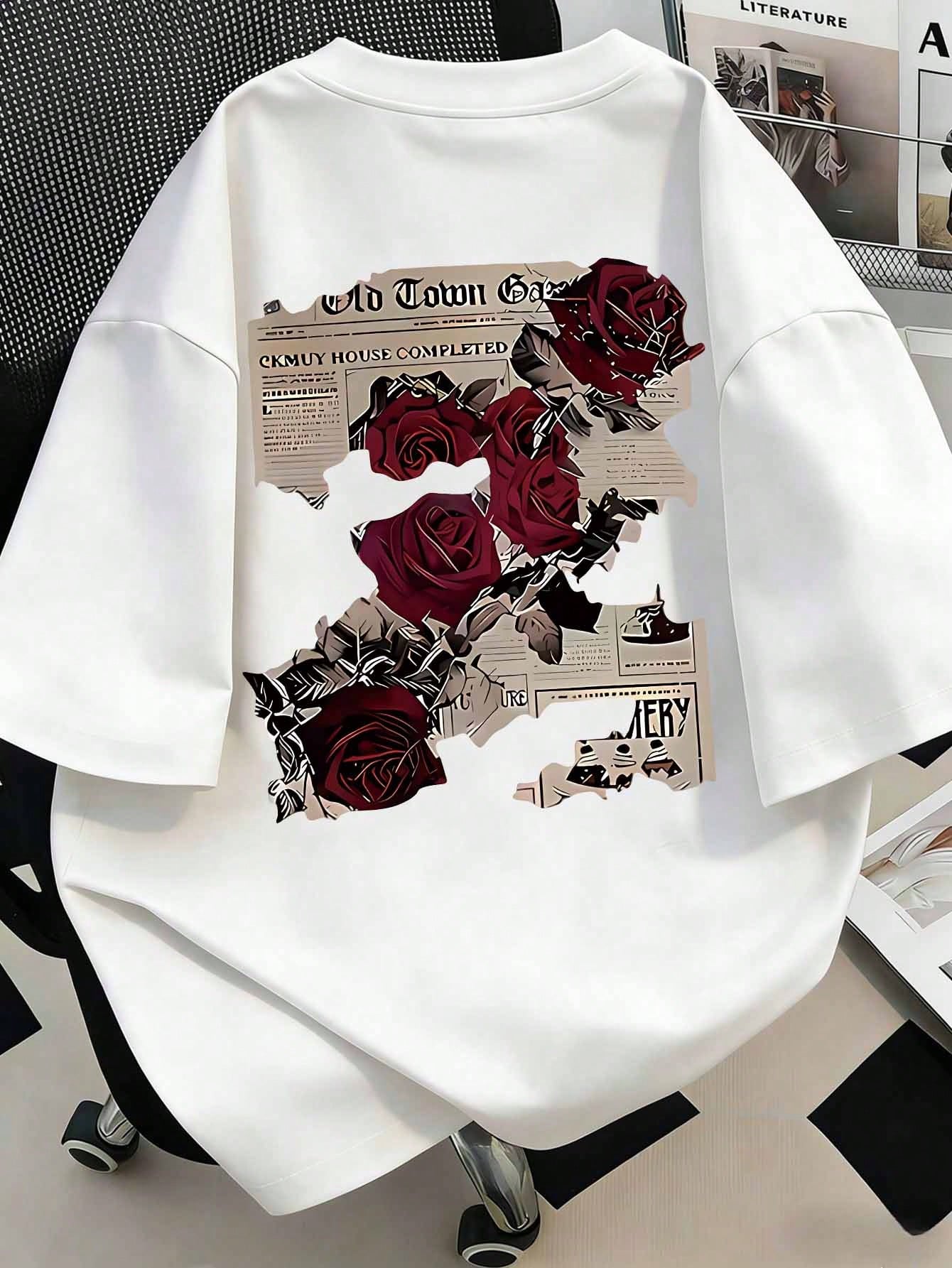 Plus Size Women's Vintage Rose & Newspaper Cartoon Letter Print Street Style T-Shirt, Korean Retro Y2K Casual Punk Black Crew Neck