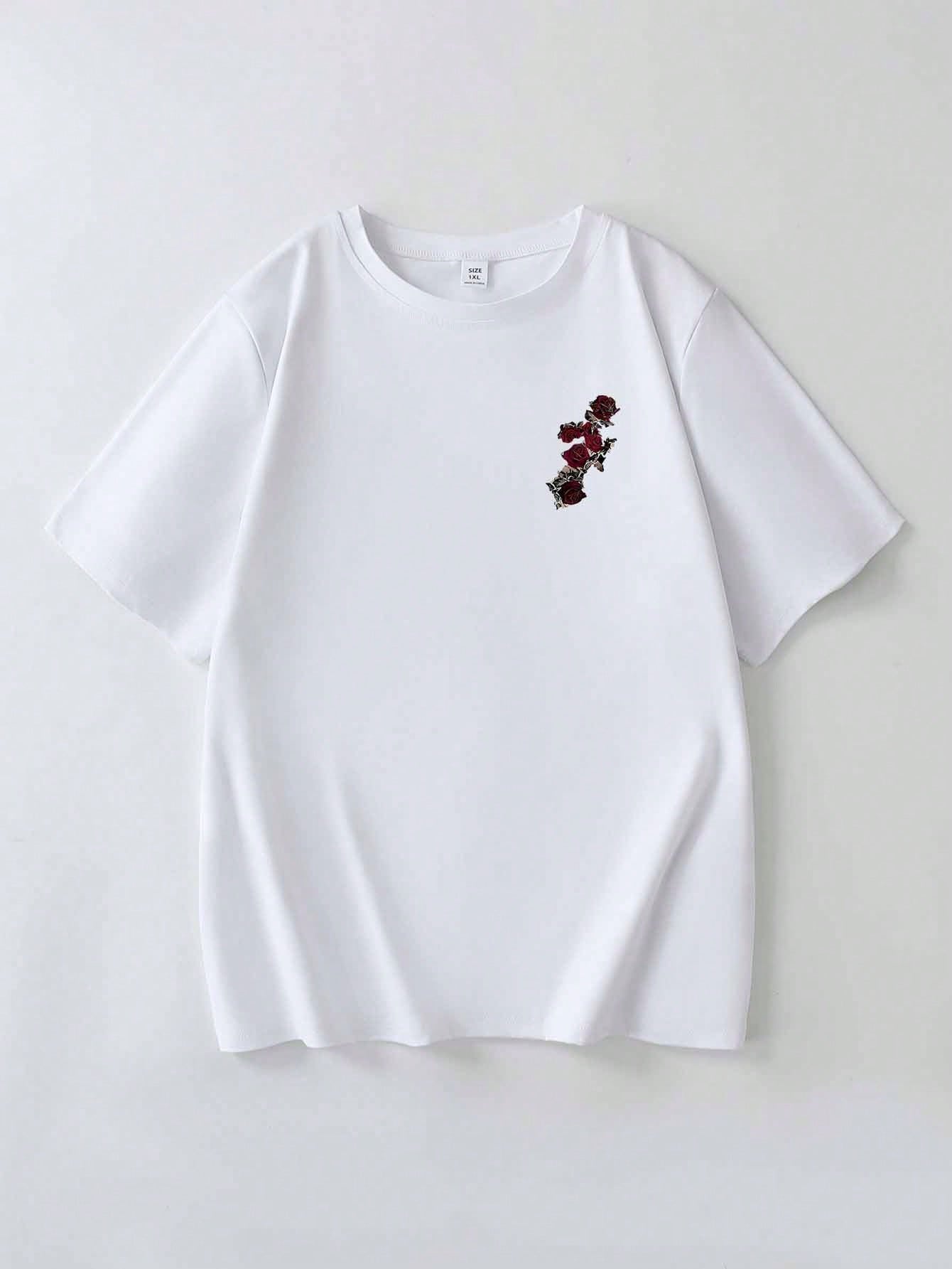 Plus Size Women's Vintage Rose & Newspaper Cartoon Letter Print Street Style T-Shirt, Korean Retro Y2K Casual Punk Black Crew Neck