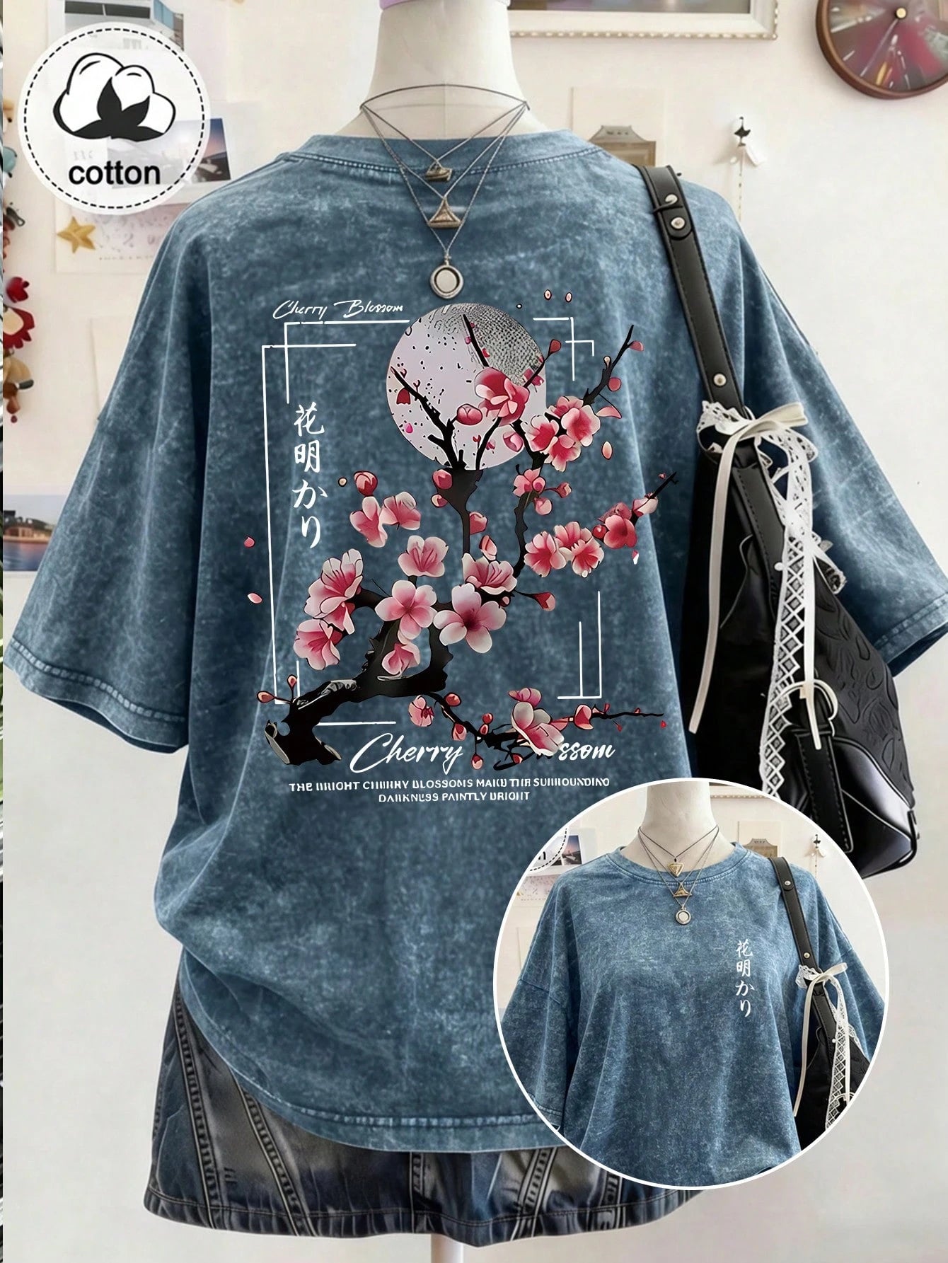Plus Size Women's Washed Cotton Short Sleeve T-Shirt, Floral Pattern, Double-Sided Print, Vintage Loose Fit, Y2K Street Style Casual Summer