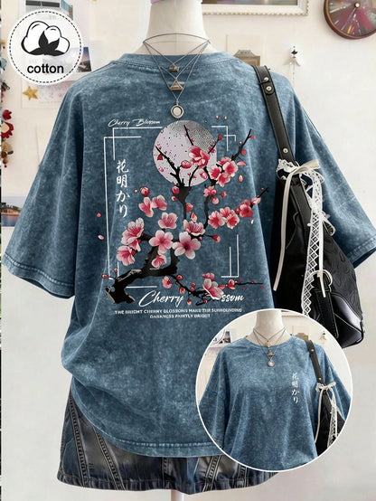 Plus Size Women's Washed Cotton Short Sleeve T-Shirt, Floral Pattern, Double-Sided Print, Vintage Loose Fit, Y2K Street Style Casual Summer