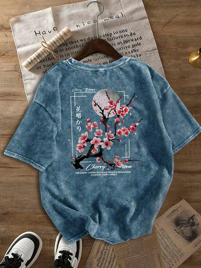 Plus Size Women's Washed Cotton Short Sleeve T-Shirt, Floral Pattern, Double-Sided Print, Vintage Loose Fit, Y2K Street Style Casual Summer