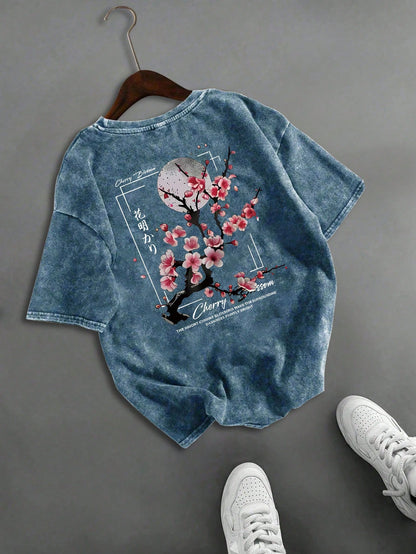 Plus Size Women's Washed Cotton Short Sleeve T-Shirt, Floral Pattern, Double-Sided Print, Vintage Loose Fit, Y2K Street Style Casual Summer