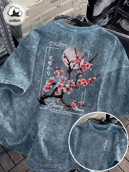 Plus Size Women's Washed Cotton Short Sleeve T-Shirt, Floral Pattern, Double-Sided Print, Vintage Loose Fit, Y2K Street Style Casual Summer