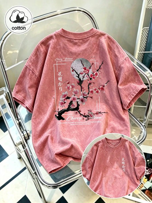 Plus Size Women's Washed Cotton Short Sleeve T-Shirt, Graphic Design, Double-Sided Print, Vintage Fit, Y2K Street Style Casual Summer