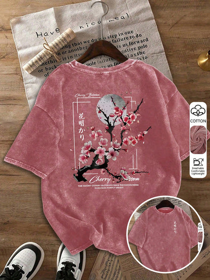 Plus Size Women's Washed Cotton Short Sleeve T-Shirt, Graphic Design, Double-Sided Print, Vintage Fit, Y2K Street Style Casual Summer