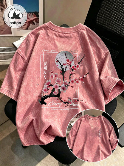 Plus Size Women's Washed Cotton Short Sleeve T-Shirt, Graphic Design, Double-Sided Print, Vintage Fit, Y2K Street Style Casual Summer