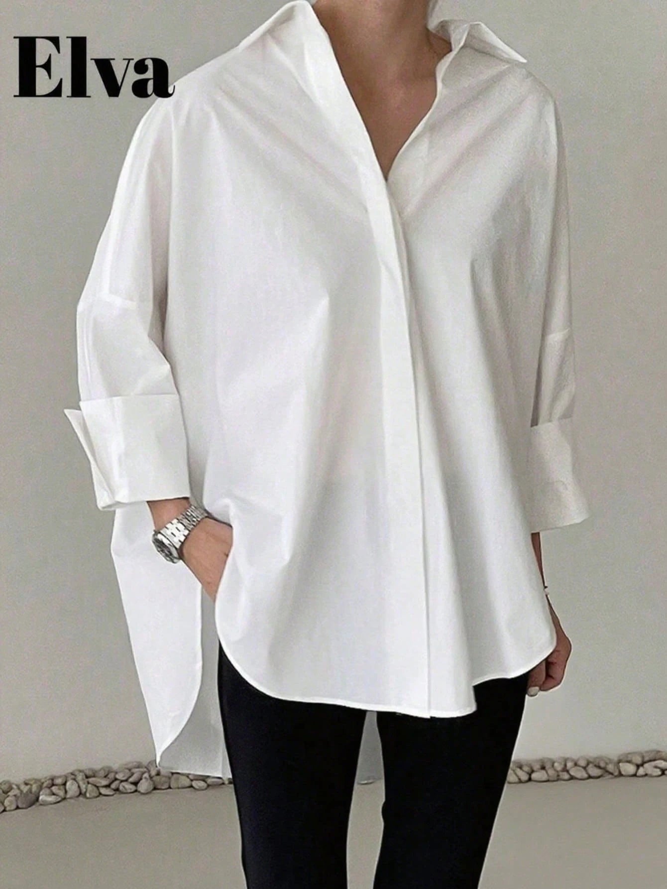 Plus Size Women's White Office/Teacher Elegant Long Sleeve Shirt, Suitable For Easter, Valentine's Day, New Year Spring