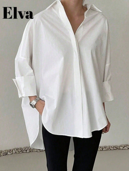 Plus Size Women's White Office/Teacher Elegant Long Sleeve Shirt, Suitable For Easter, Valentine's Day, New Year Spring