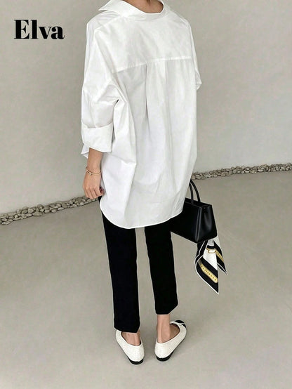 Plus Size Women's White Office/Teacher Elegant Long Sleeve Shirt, Suitable For Easter, Valentine's Day, New Year Spring