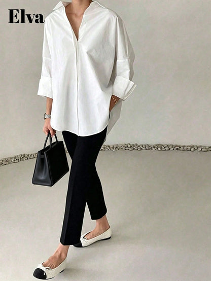 Plus Size Women's White Office/Teacher Elegant Long Sleeve Shirt, Suitable For Easter, Valentine's Day, New Year Spring