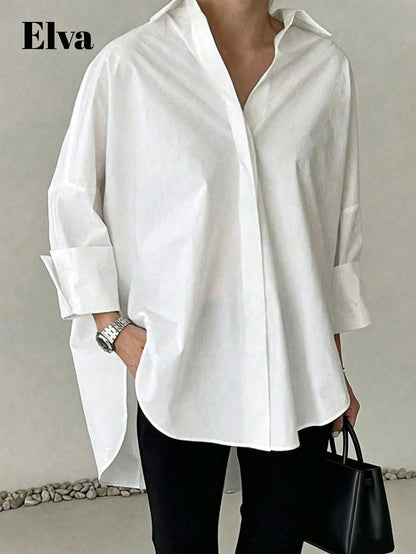 Plus Size Women's White Office/Teacher Elegant Long Sleeve Shirt, Suitable For Easter, Valentine's Day, New Year Spring