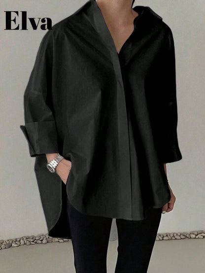 Plus Size Women's White Office/Teacher Elegant Long Sleeve Shirt, Suitable For Easter, Valentine's Day, New Year Spring
