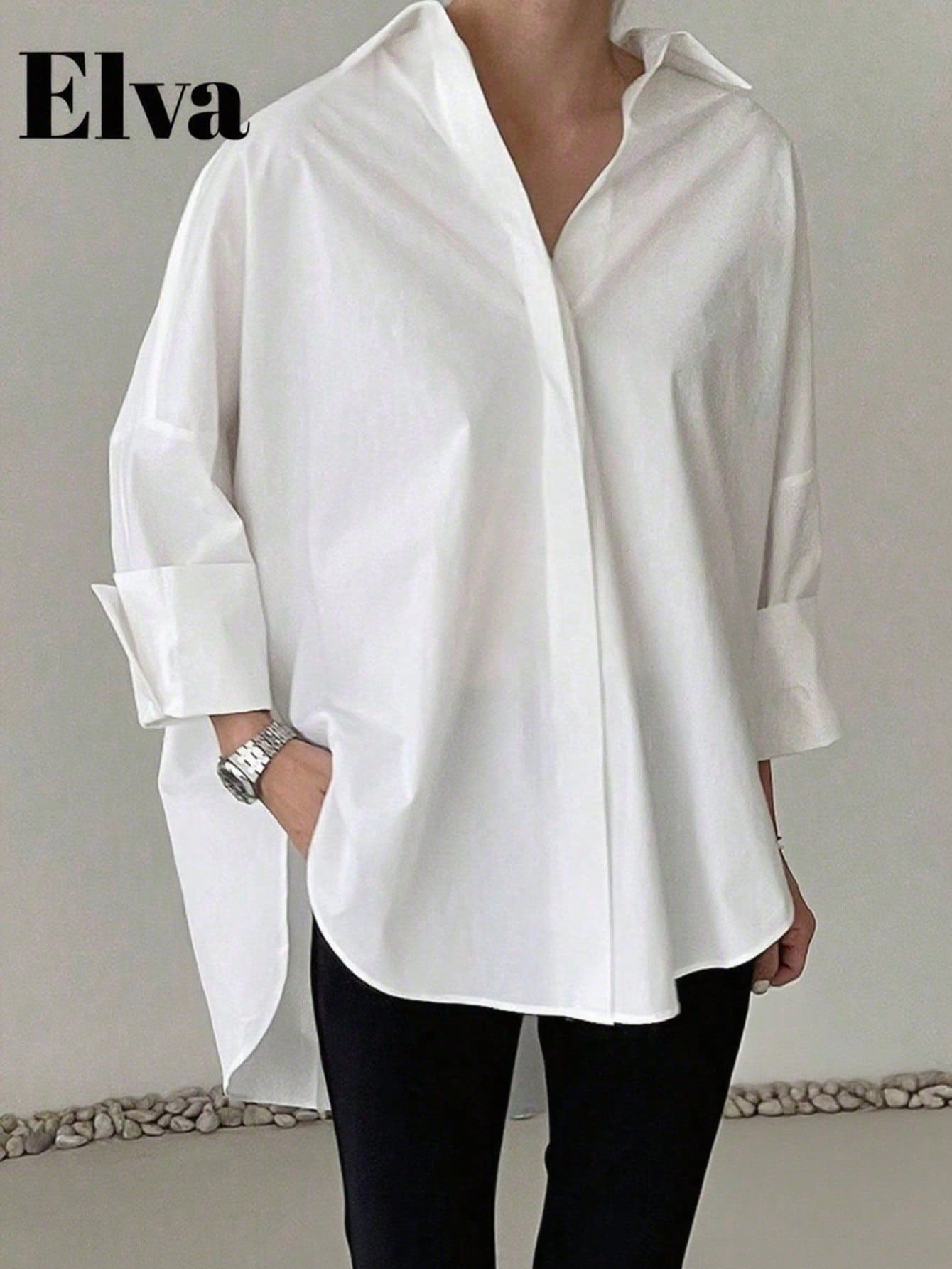 Plus Size Women's White Office/Teacher Elegant Long Sleeve Shirt, Suitable For Easter, Valentine's Day, New Year Spring