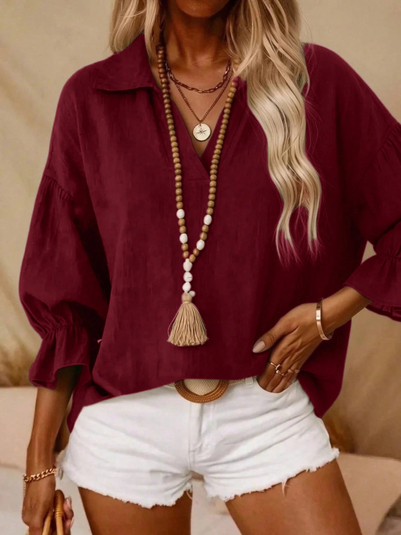 Plus Size Women Solid Color Collar Petal Sleeve Top