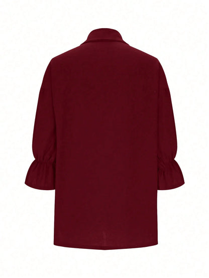 Plus Size Women Solid Color Collar Petal Sleeve Top