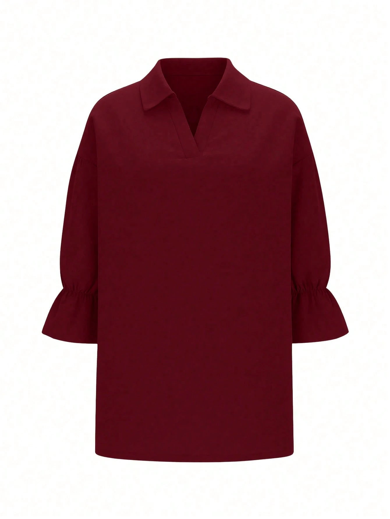 Plus Size Women Solid Color Collar Petal Sleeve Top