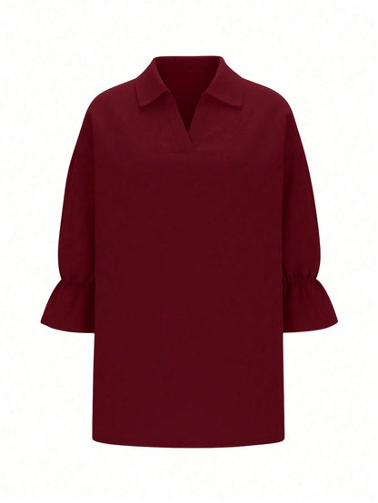 Plus Size Women Solid Color Collar Petal Sleeve Top