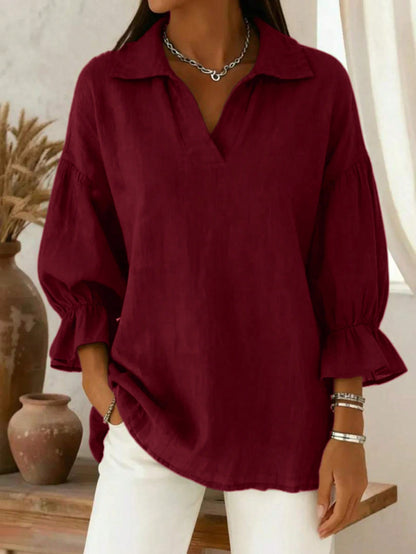 Plus Size Women Solid Color Collar Petal Sleeve Top