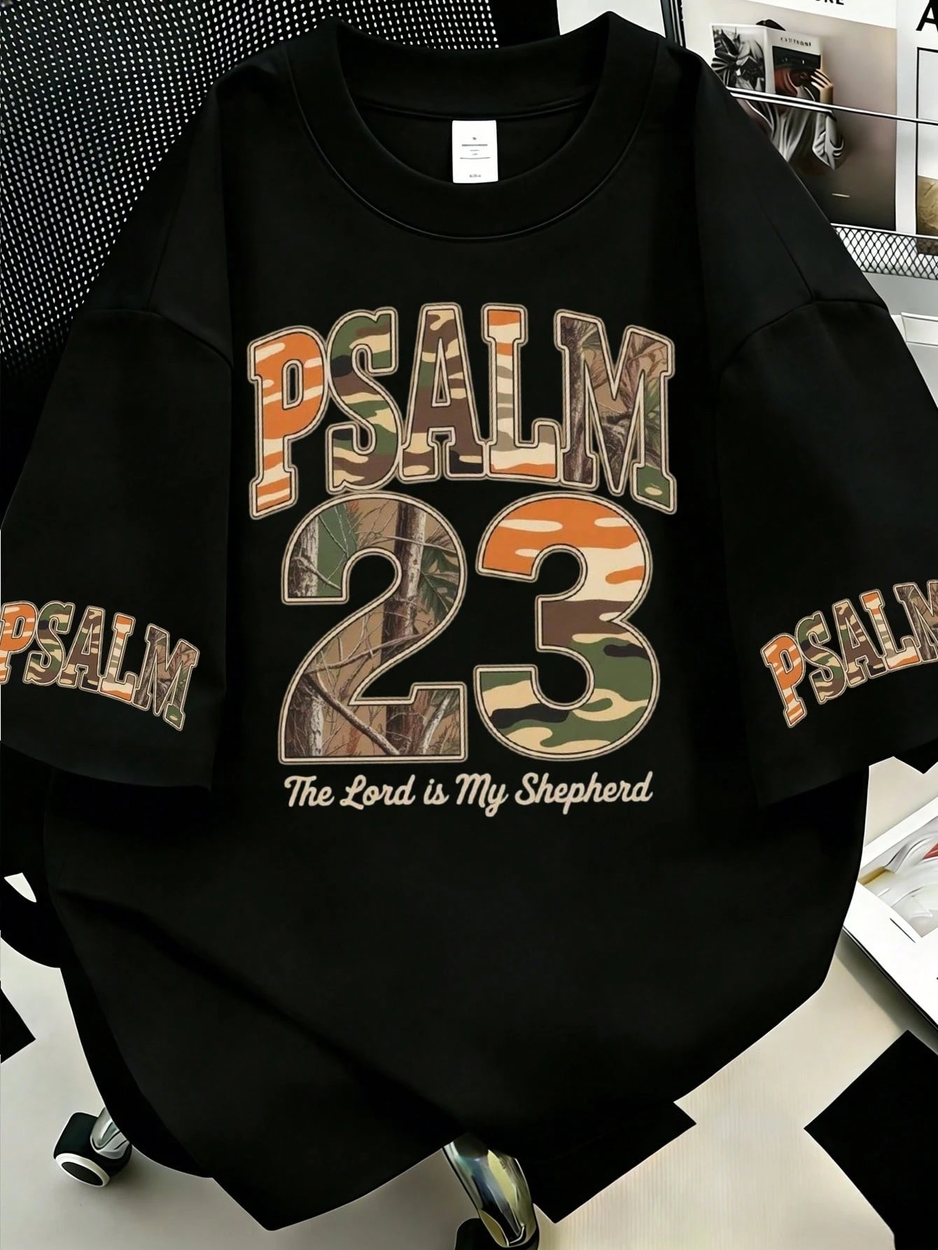 Plus Size Women Summer Short Sleeve Round Neck Casual T-Shirt With "Psalm 23" Camouflage Print Black