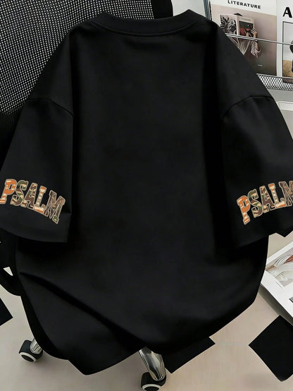 Plus Size Women Summer Short Sleeve Round Neck Casual T-Shirt With "Psalm 23" Camouflage Print Black