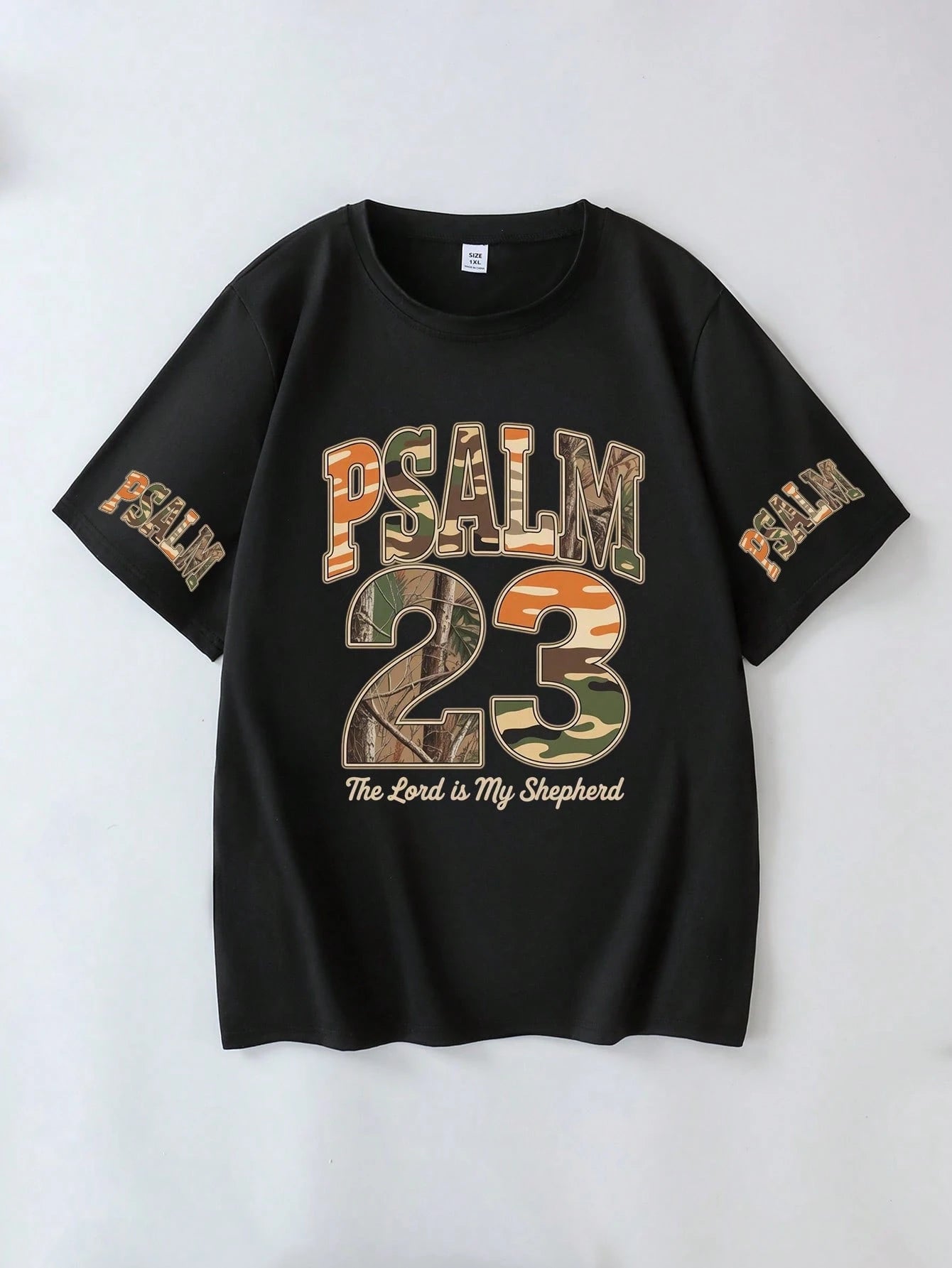 Plus Size Women Summer Short Sleeve Round Neck Casual T-Shirt With "Psalm 23" Camouflage Print Black