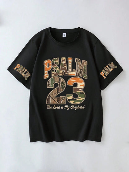 Plus Size Women Summer Short Sleeve Round Neck Casual T-Shirt With "Psalm 23" Camouflage Print Black