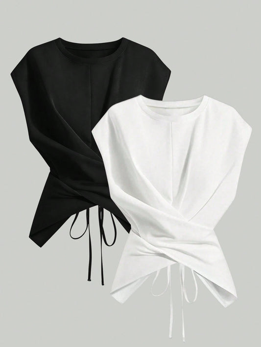 Plus Size Women Summer Simple Solid Color Round Neck Criss-Cross Hem Top