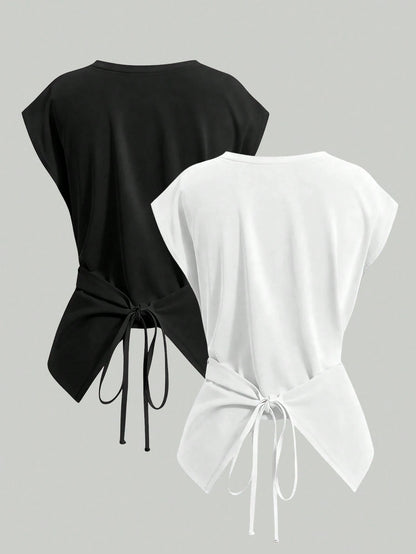 Plus Size Women Summer Simple Solid Color Round Neck Criss-Cross Hem Top