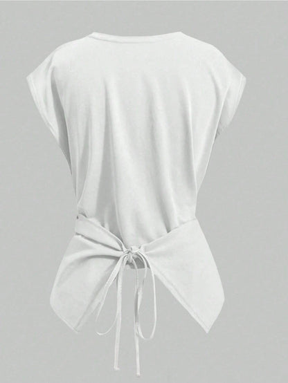 Plus Size Women Summer Simple Solid Color Round Neck Criss-Cross Hem Top