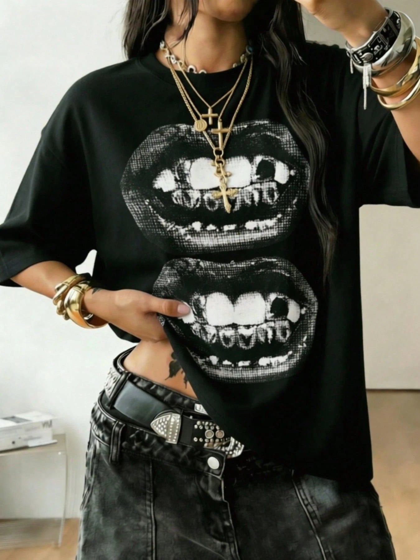 Plus Size Women T-Shirts, Lips Print Fashion Gothic Streetwear 100% Cotton Casual Printed T-Shirt,Summer