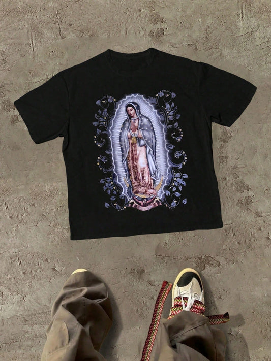 Plus Size Women T-Shirts,Religious Our Lady Of Guadalupe Themed With Iconic Religious Image Themed Graphic,100% Cotton 220g Casual Printed T-Shirt,Crew Neck Short Sleeve,For Going Out,Gift,Summer,Unis