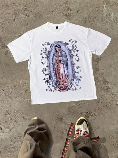 Plus Size Women T-Shirts,Religious Our Lady Of Guadalupe Themed With Iconic Religious Image Themed Graphic,100% Cotton 220g Casual Printed T-Shirt,Crew Neck Short Sleeve,For Going Out,Gift,Summer,Unis