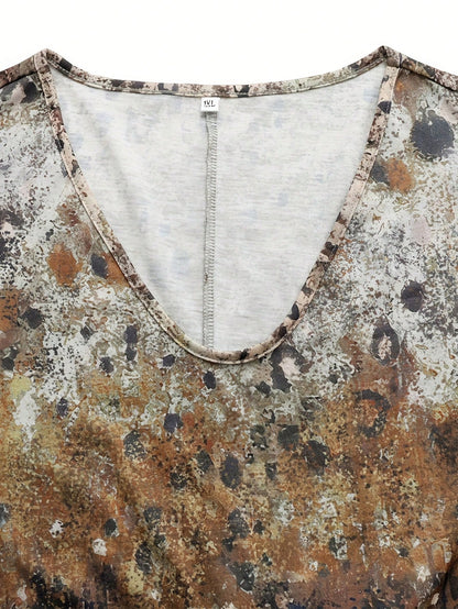 Plus Size Women V-Neck Short Sleeve Tie-Dye Print Casual T-Shirt For Summer