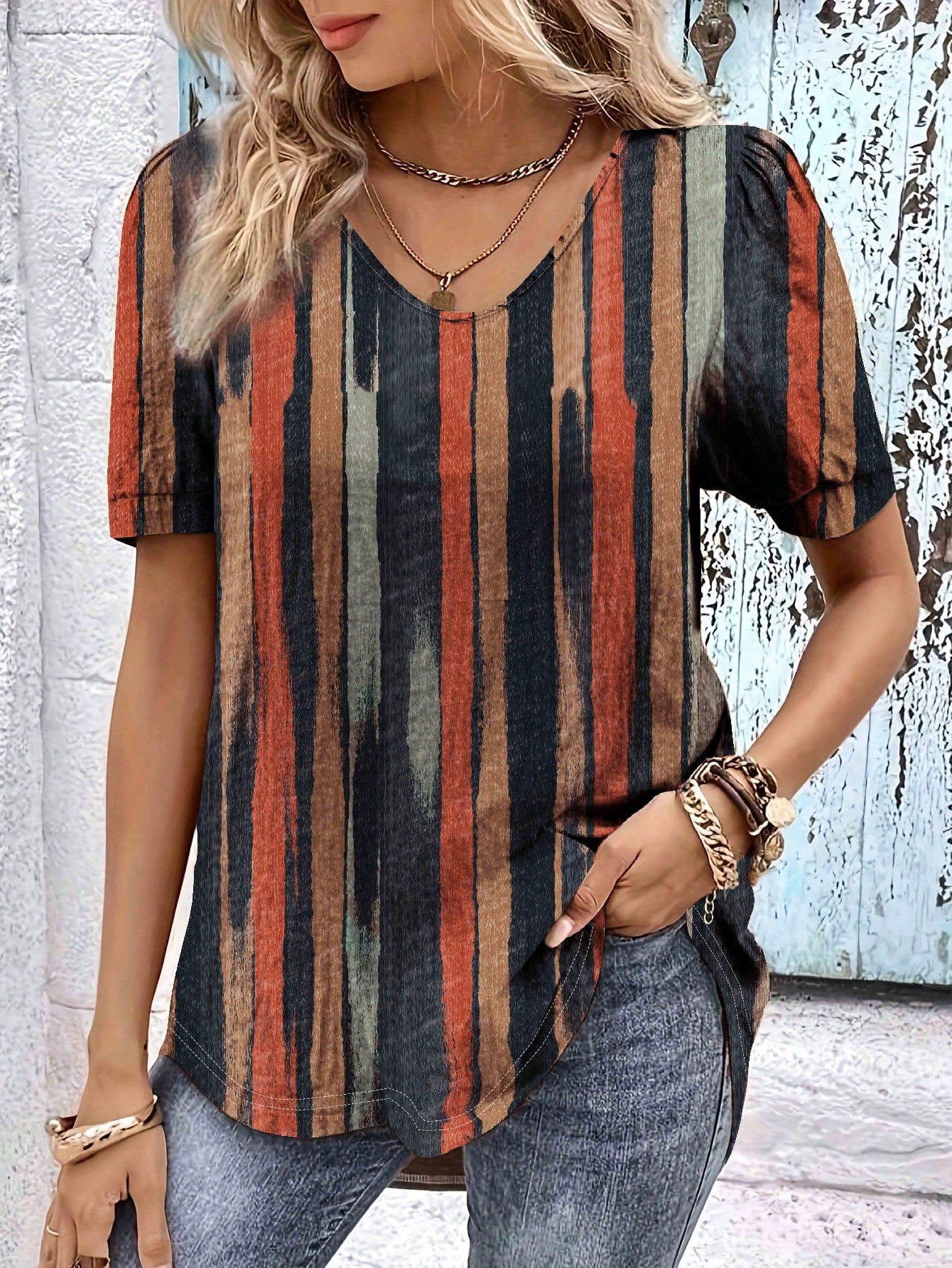 Plus Size Women V-Neck Short Sleeve Tie-Dye Print Casual T-Shirt For Summer