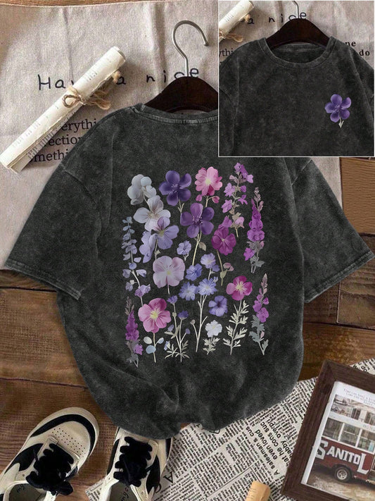 Plus Size Women Vintage Washed Crew Neck Tee With Purple Floral Print, Simple Casual Top For All Seasons, Daily Shopping & Outdoor Wear Black Summer