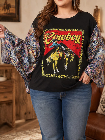 Plus Size XL-5XL Batwing Sleeve Cowboy Horse Graphic Top Paisley Leopard Patchwork Wide Sleeve Western Tee