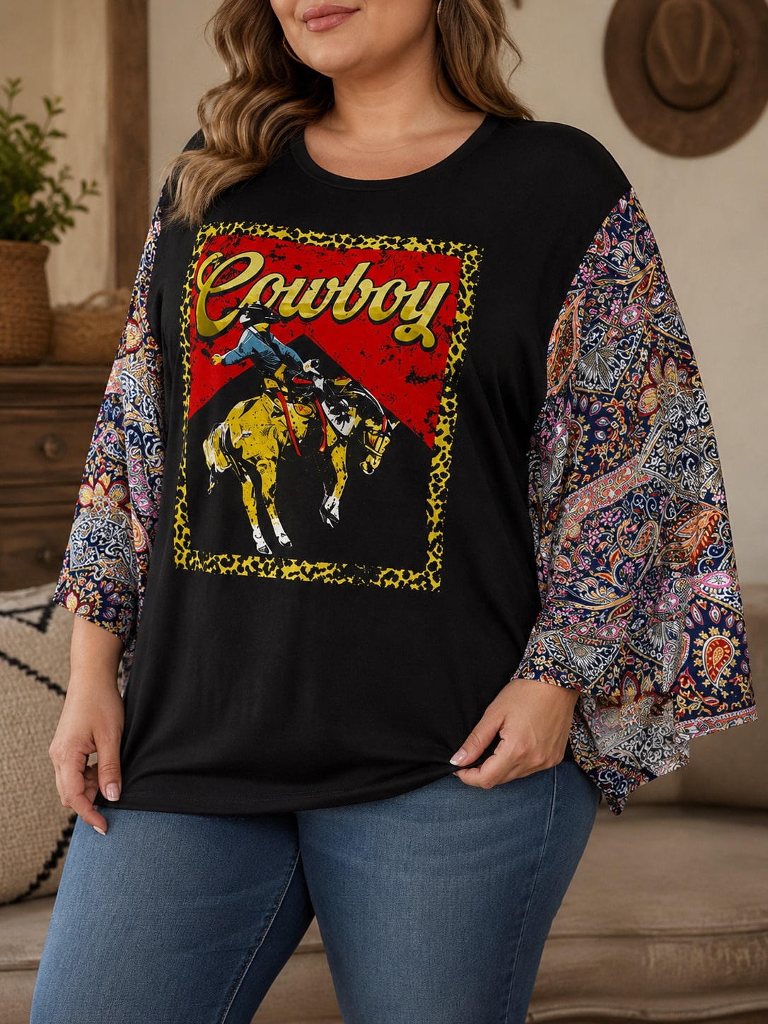 Plus Size XL-5XL Batwing Sleeve Cowboy Horse Graphic Top Paisley Leopard Patchwork Wide Sleeve Western Tee