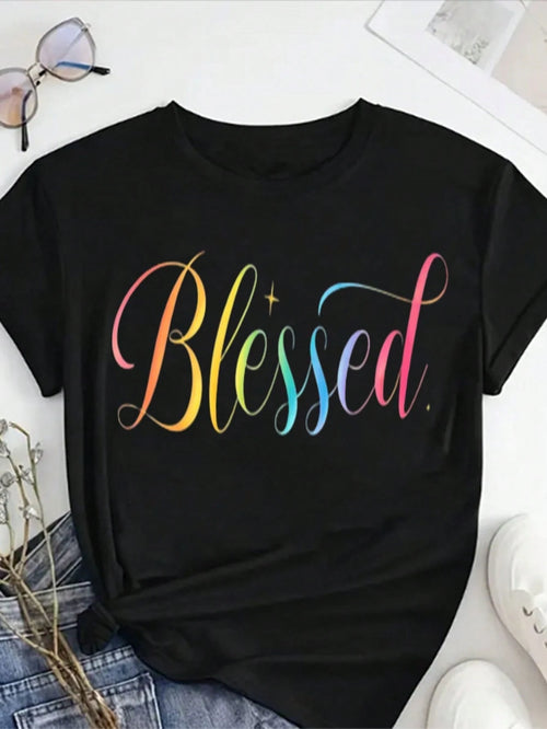 Plus Size, Plus Size Women's 100% T-Shirt- Soft Round Neck Short Sleeve Top With "" Print, Casual Everyday Comfortable Blouse For Spring Summer Fall, Machine Washable Faith-Based Apparel