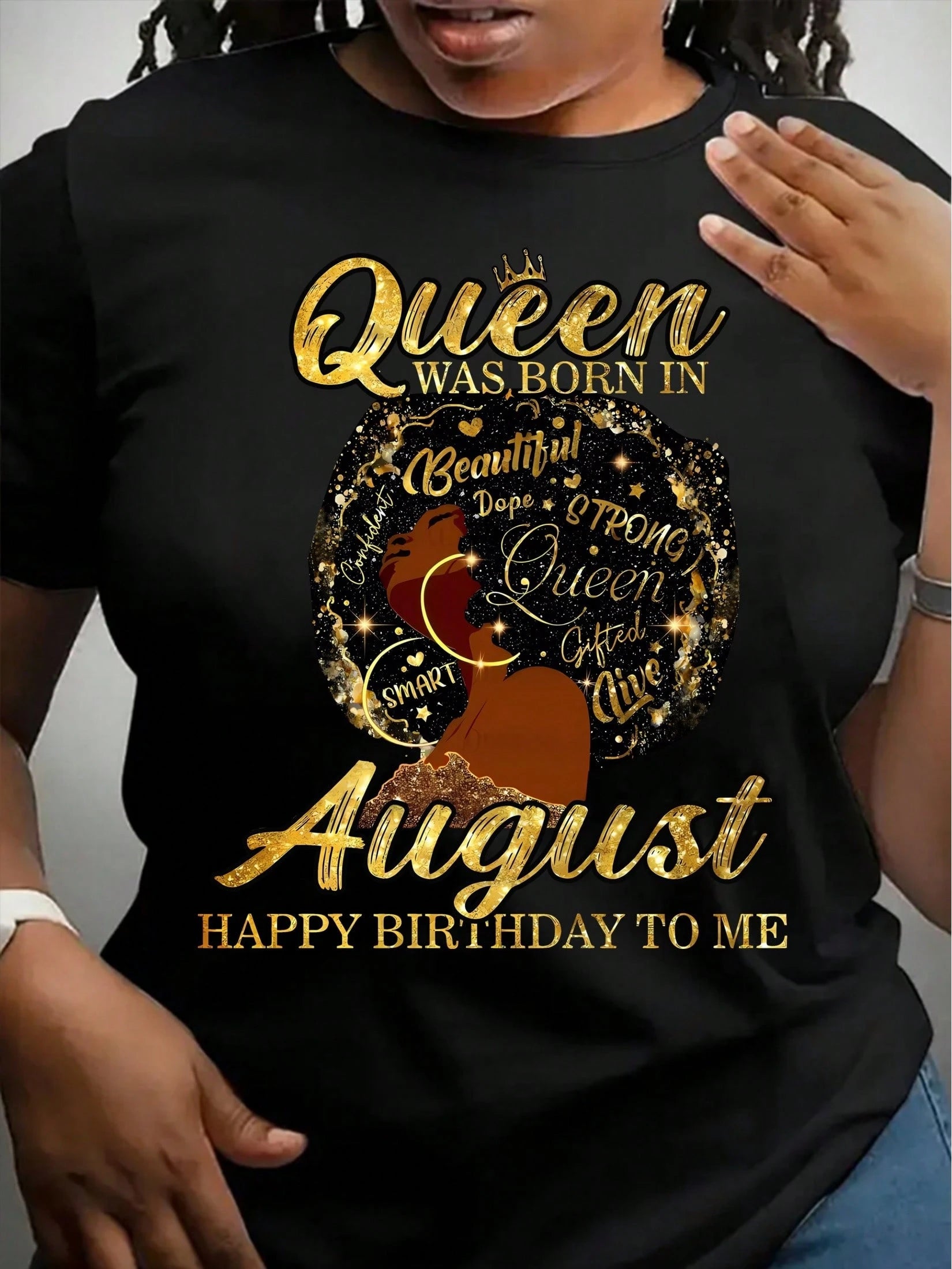 Plus Size, Women's Plus Size Birthday Queen T-Shirt- August Birthday Gift Idea- Black & Golden Graphic Tee- Crew Neck Top For Women